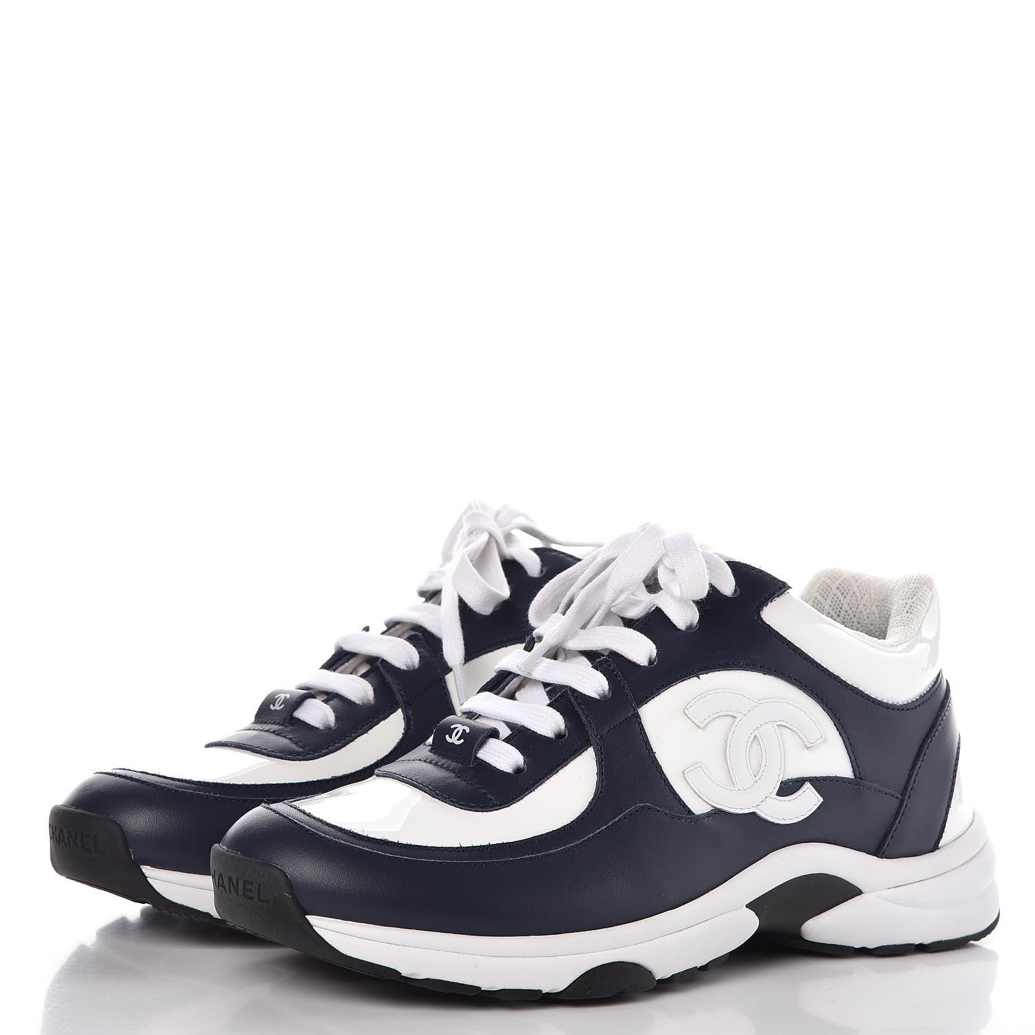Chanel Patent Calfskin CC Sneakers 37.5 Navy White 3 of 11