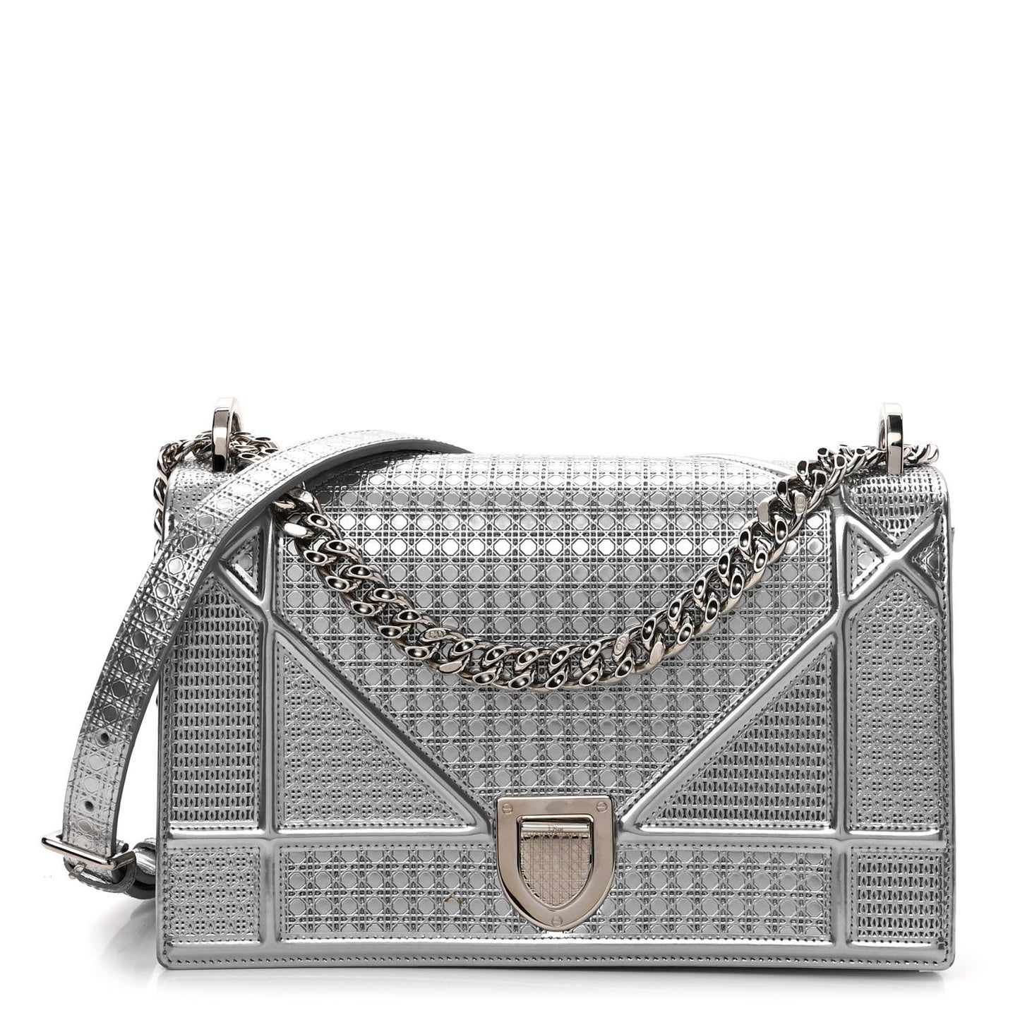 Metallic Patent Micro-Cannage Medium Diorama Flap Bag Silver