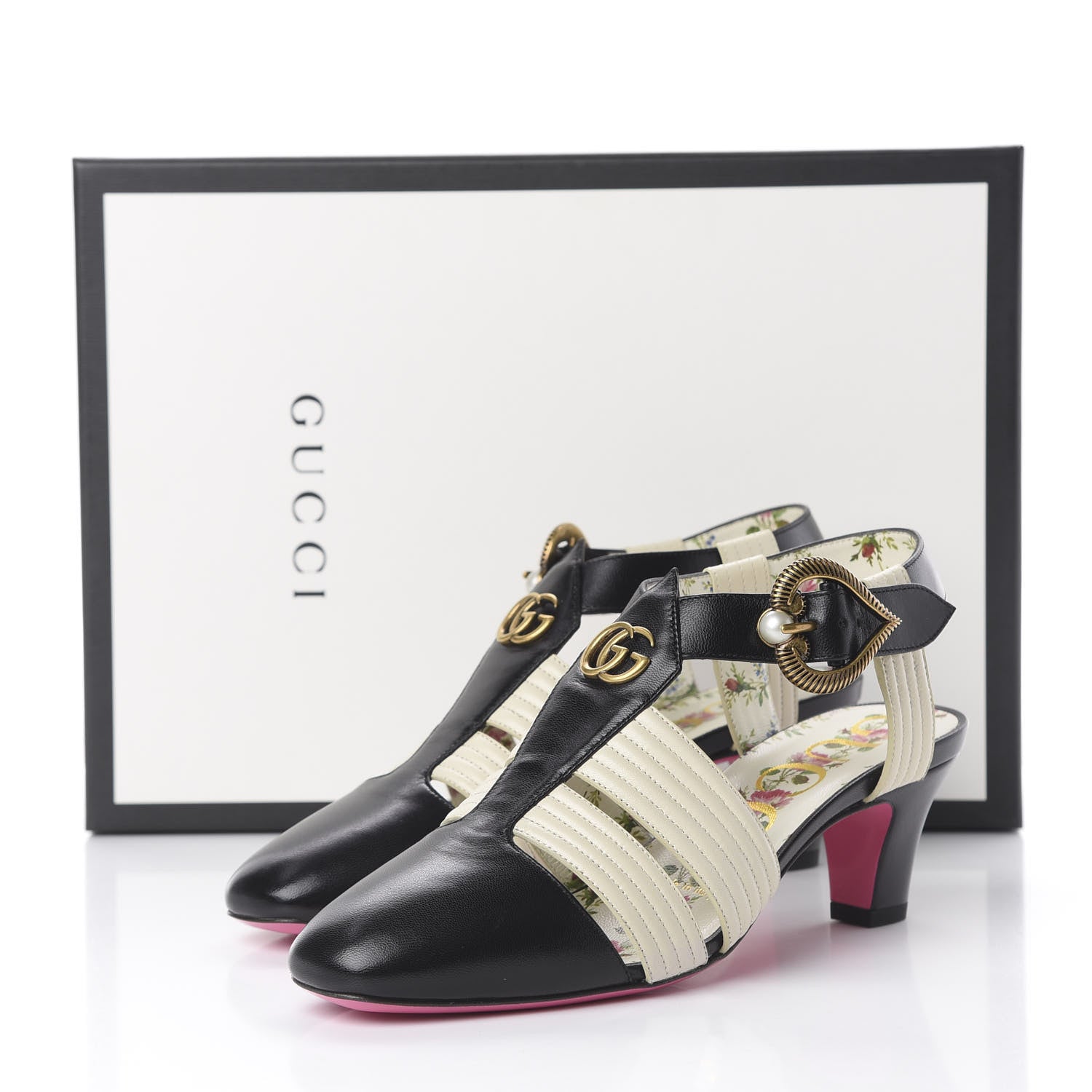Gucci Malaga Kid T-Strap Mid Heel Sandals 36 Black White 14 of 14