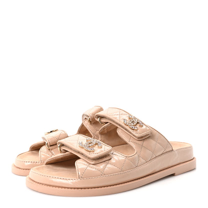 Chanel Shiny Calfskin Quilted Velcro Dad Crystal CC Slide Sandals 38 Beige 4 of 9