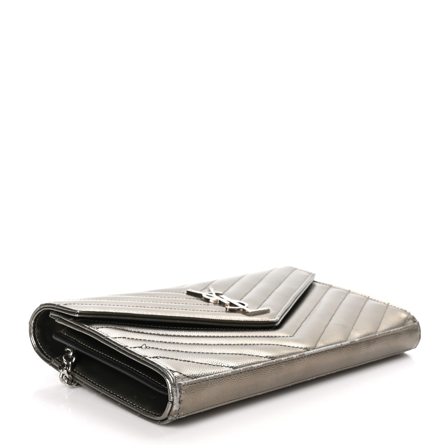 Saint Laurent Metallic Grain De Poudre Matelasse Chevron Monogram Envelope Chain Wallet Piombo 3 of 13