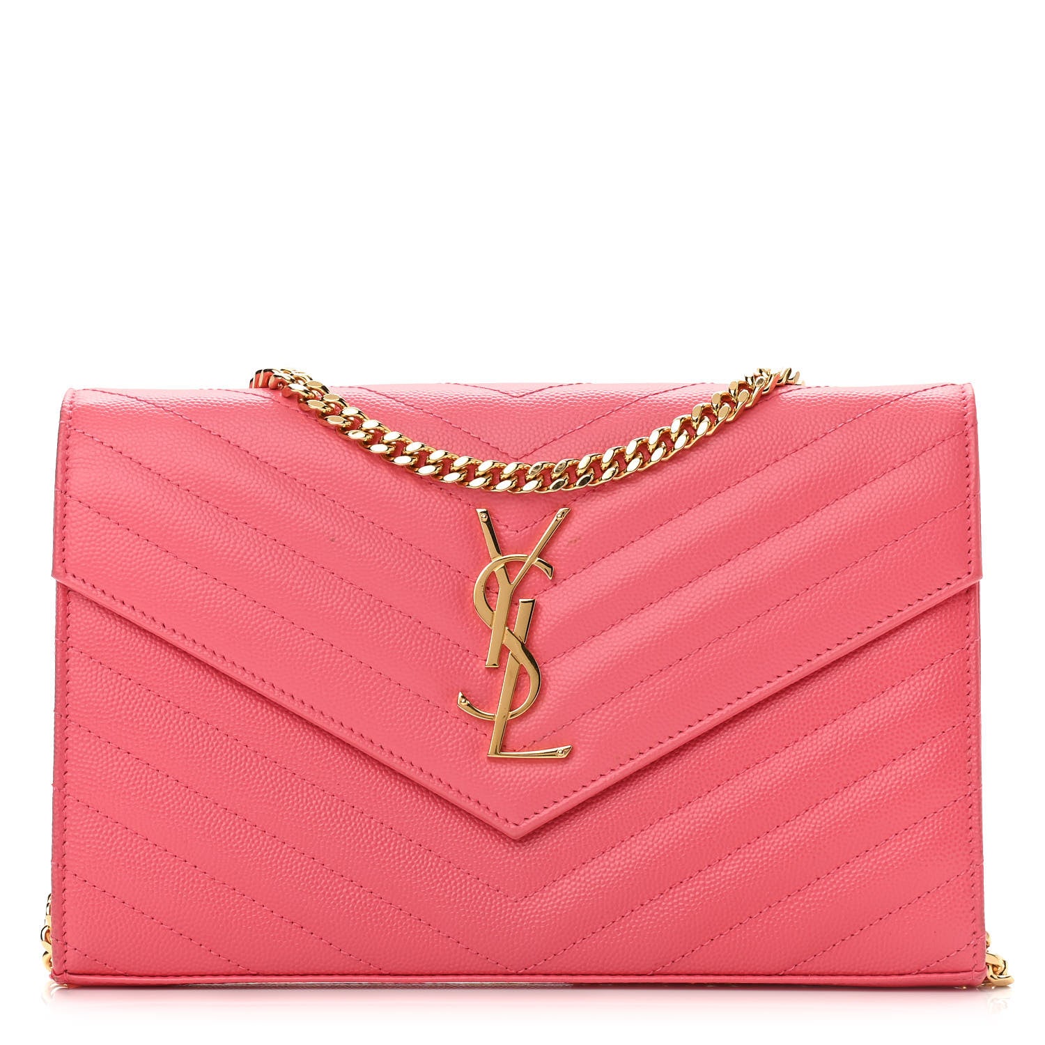 Saint Laurent Grain De Poudre Matelasse Chevron Monogram Chain Wallet Rose Clair 1 of 12
