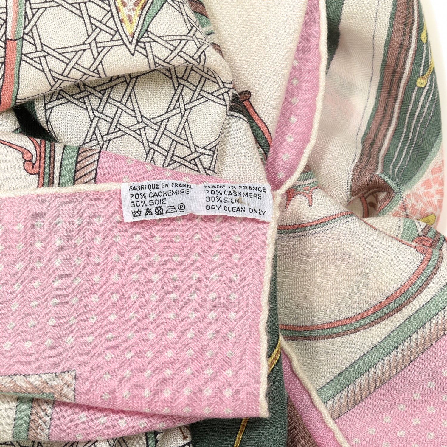 Hermes Cashmere Silk Les Voitures A Transformation Shawl 140 Blanc Vert Amande Rose Dragee 3 of 4