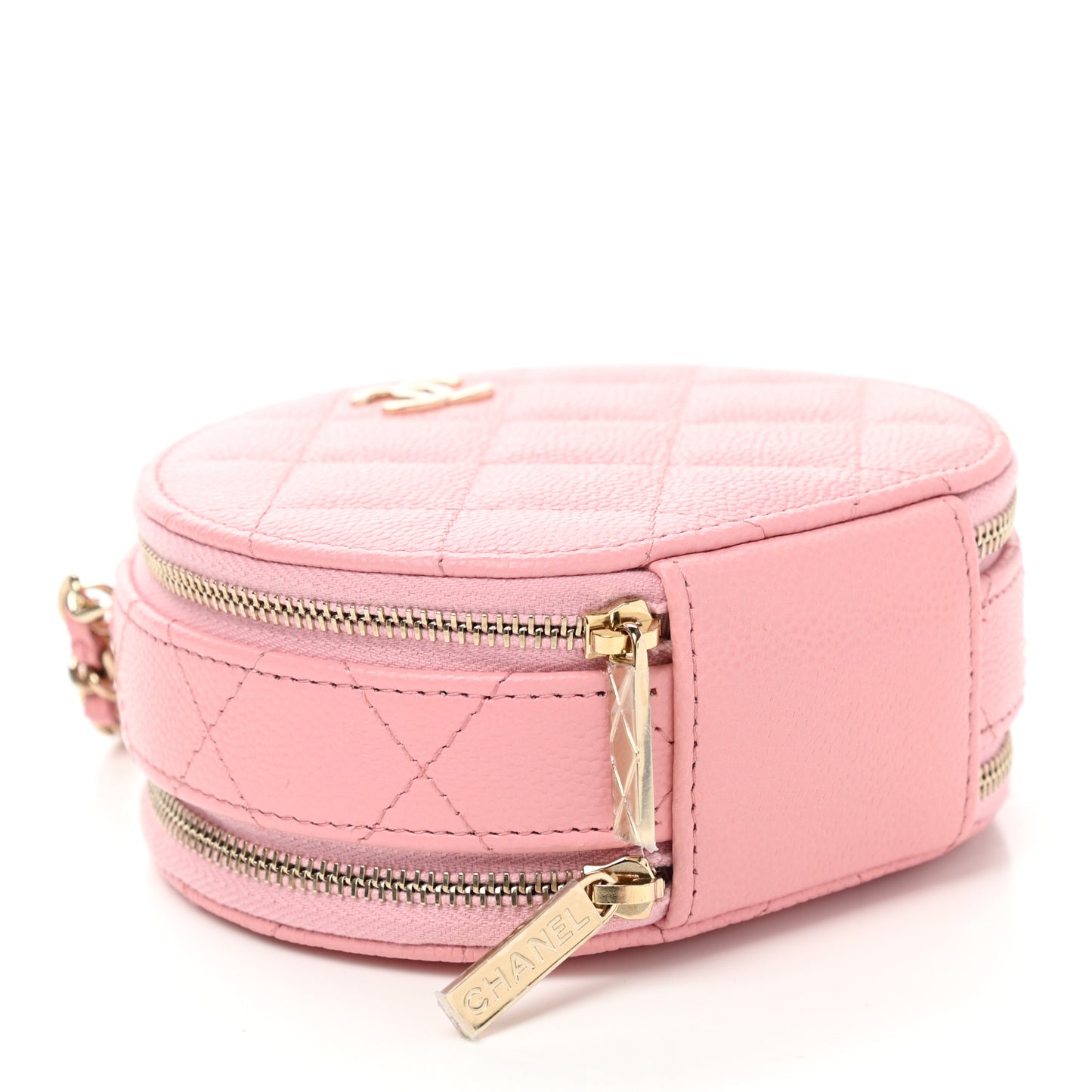 Caviar Quilted Round Handle With Care Vanity With Chain Pink