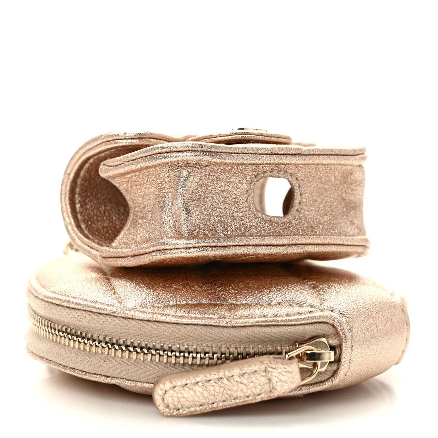 Metallic Lambskin Quilted Round Clip On Coin Purse Airpods Case Gold