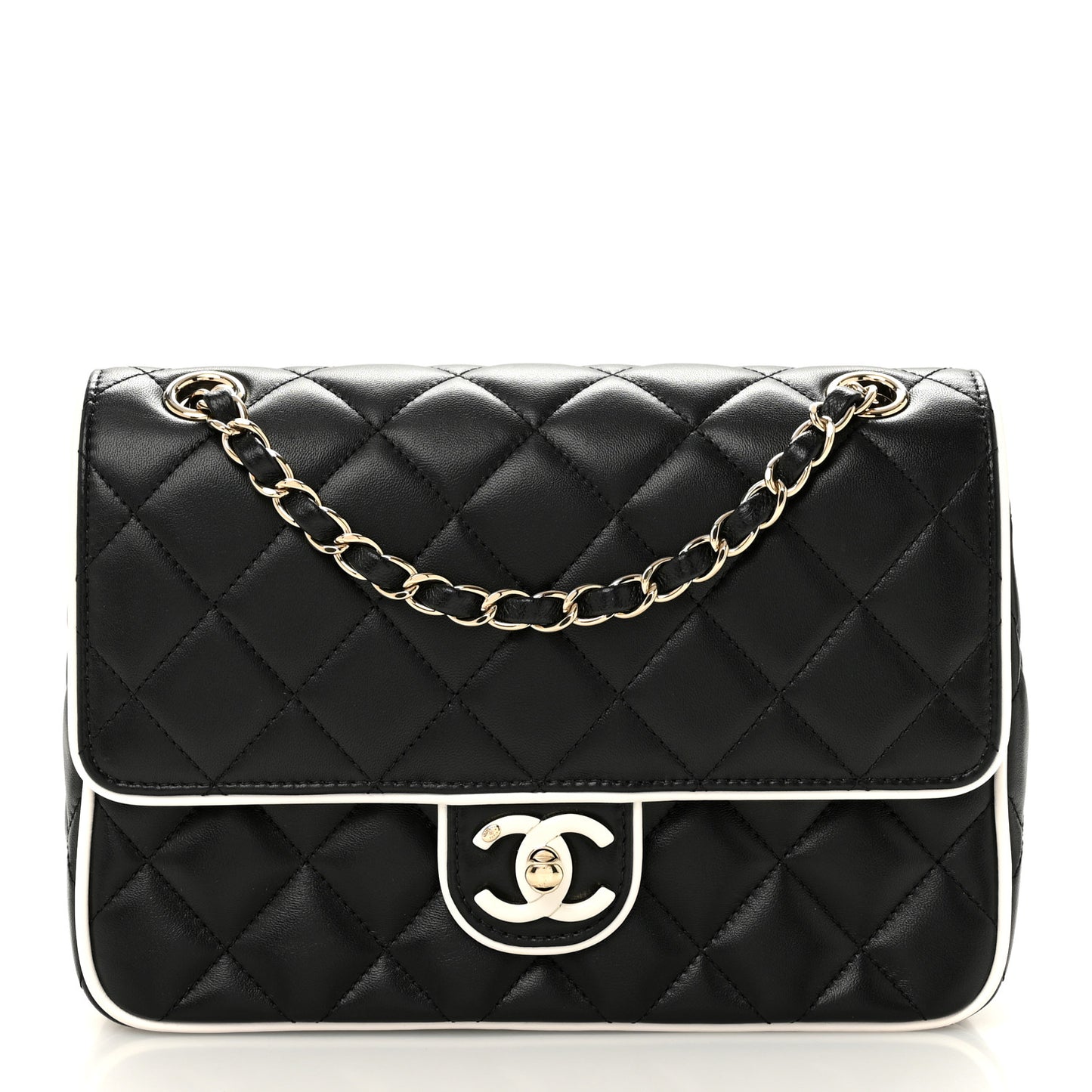 Lambskin Quilted Resin Graphic Frame Flap Bag Black White