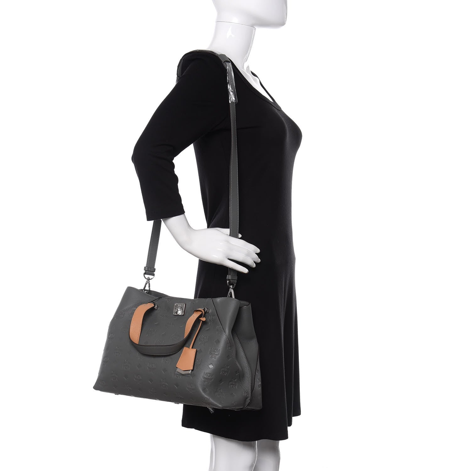 MCM Calfskin Ottomar Monogram Large Essential Tote Charcoal 2 of 12