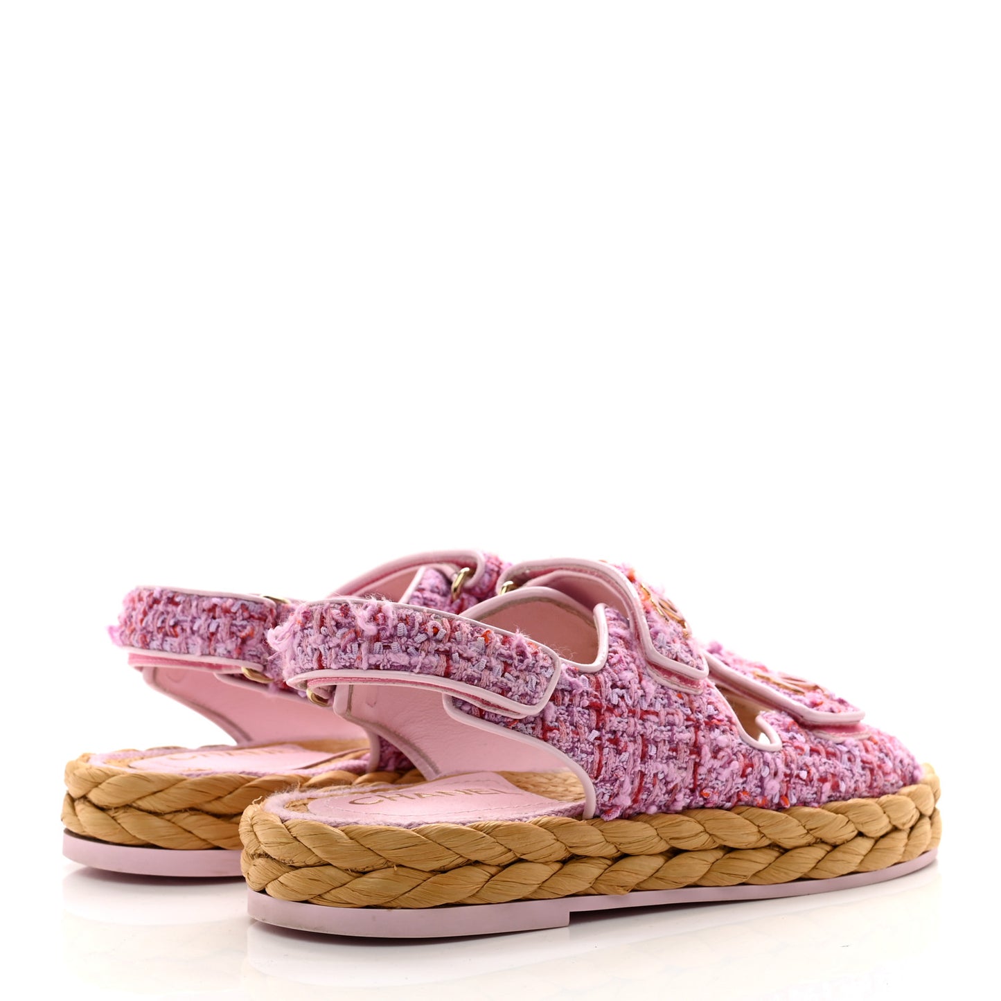 Tweed Patent Calfskin Velcro Dad Sandals 36 Light Purple Pink Red