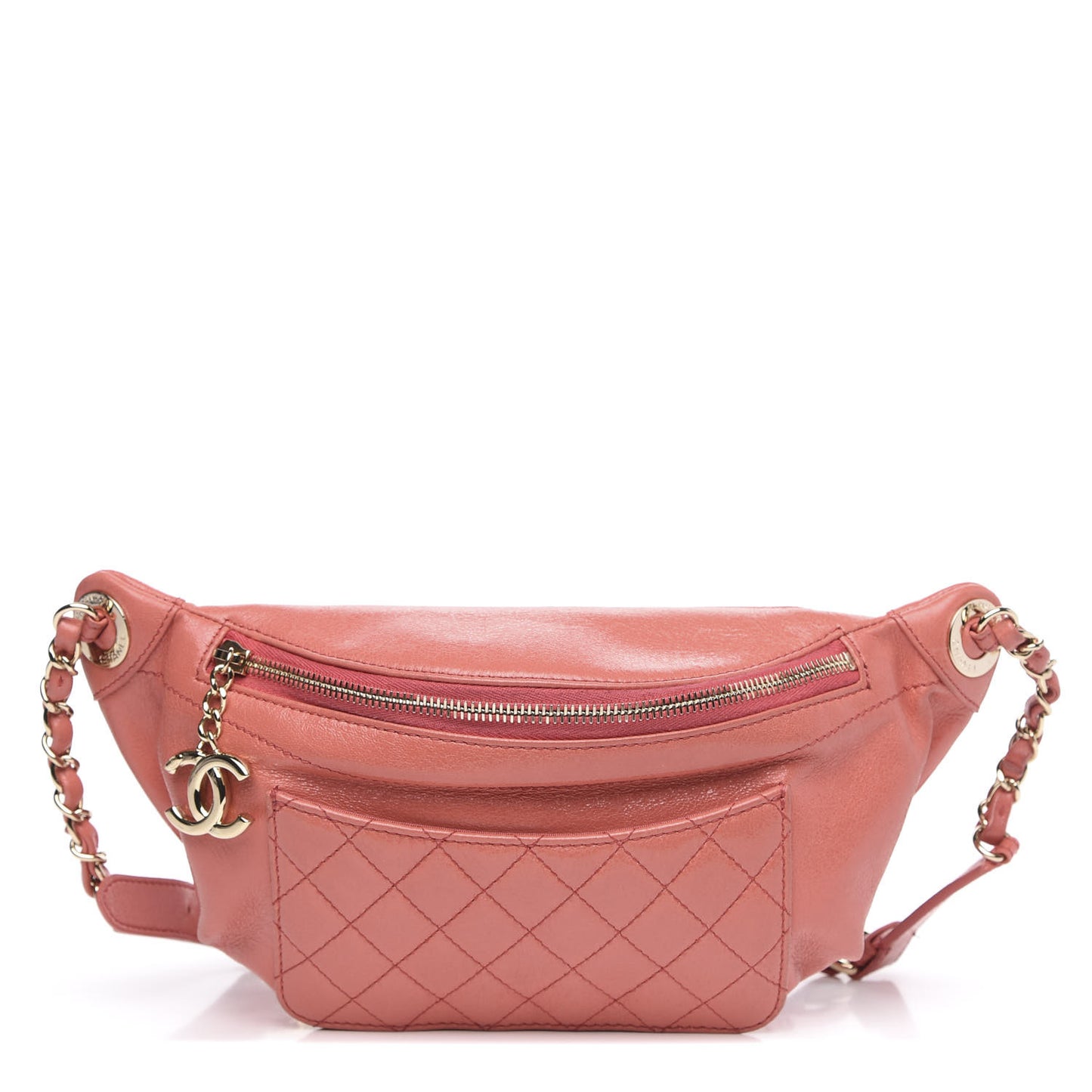 Crumpled Glazed Lambskin Quilted Waist Bag Fanny Pack Pink