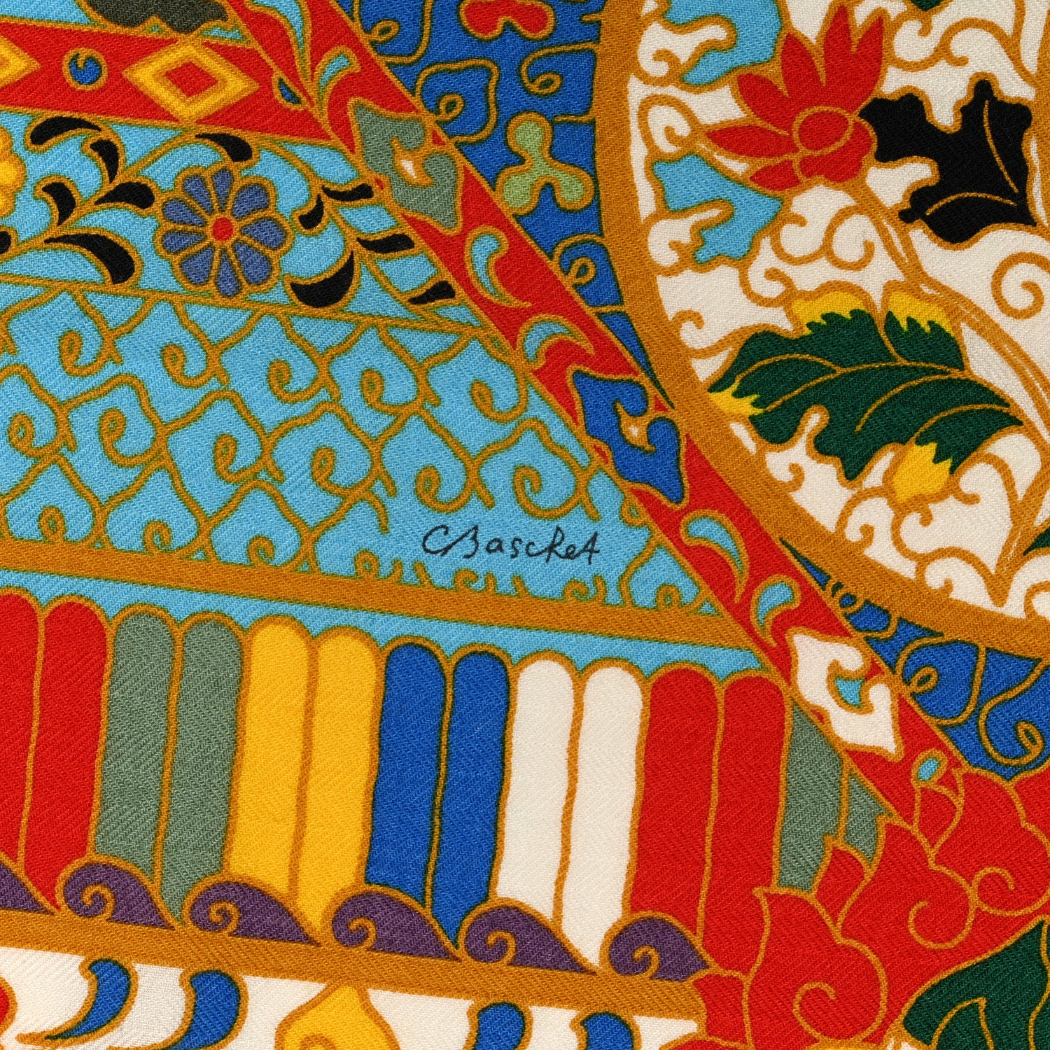 Hermes Cashmere Silk Collections Imperiales Shawl 140 Rouge Bleu Jaune 4 of 8