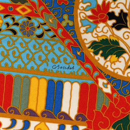 Hermes Cashmere Silk Collections Imperiales Shawl 140 Rouge Bleu Jaune 4 of 8