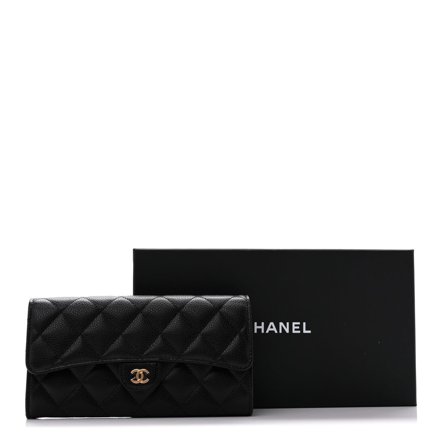 Caviar Quilted Large Gusset Flap Wallet Black