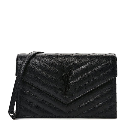 Saint Laurent Grain De Poudre Matelasse Chevron Monogram Monochrome Envelope Chain Wallet Black 1 of 9