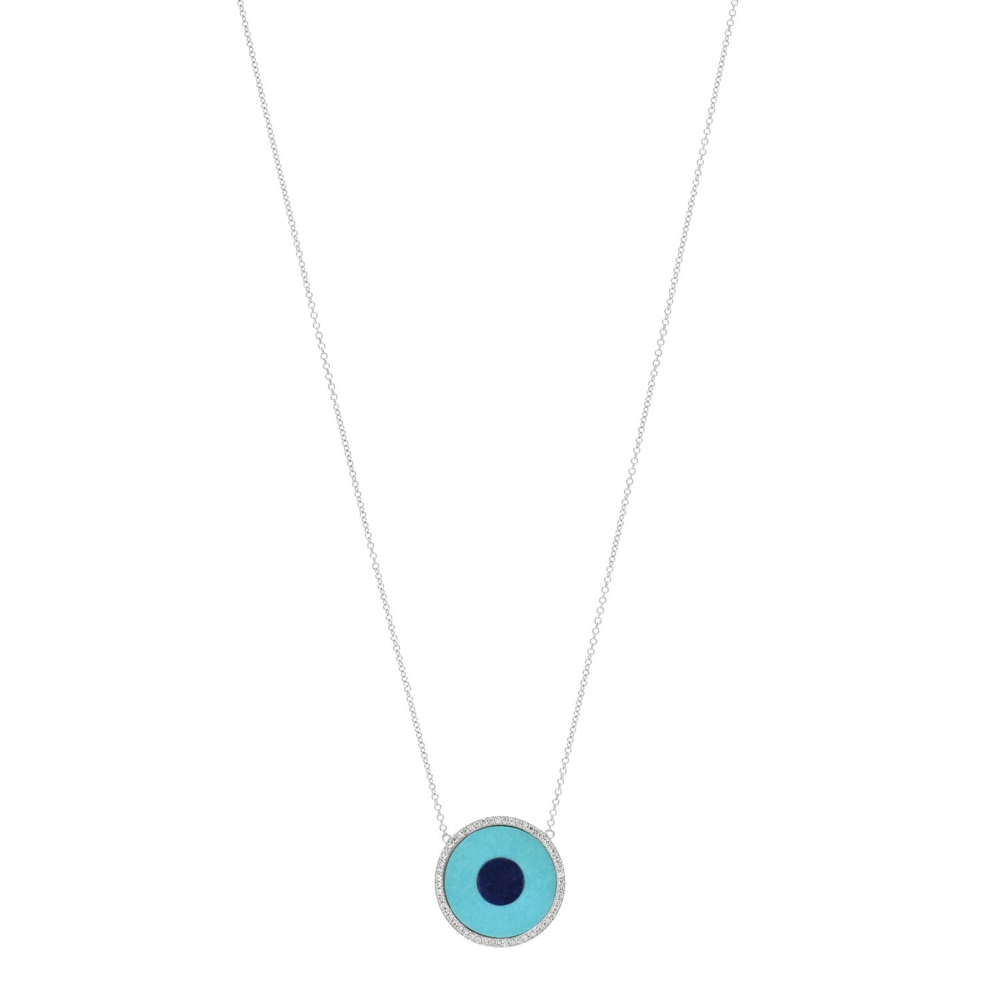 18K White Gold Diamond Turquoise Lapis Evil Eye Pendant Necklace