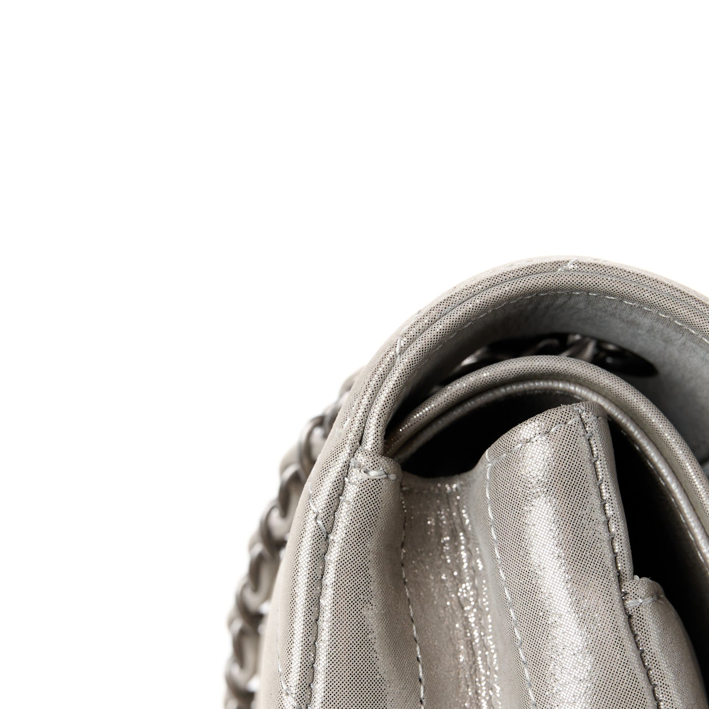 Iridescent Calfskin Chevron Quilted Medium Double Flap Silver