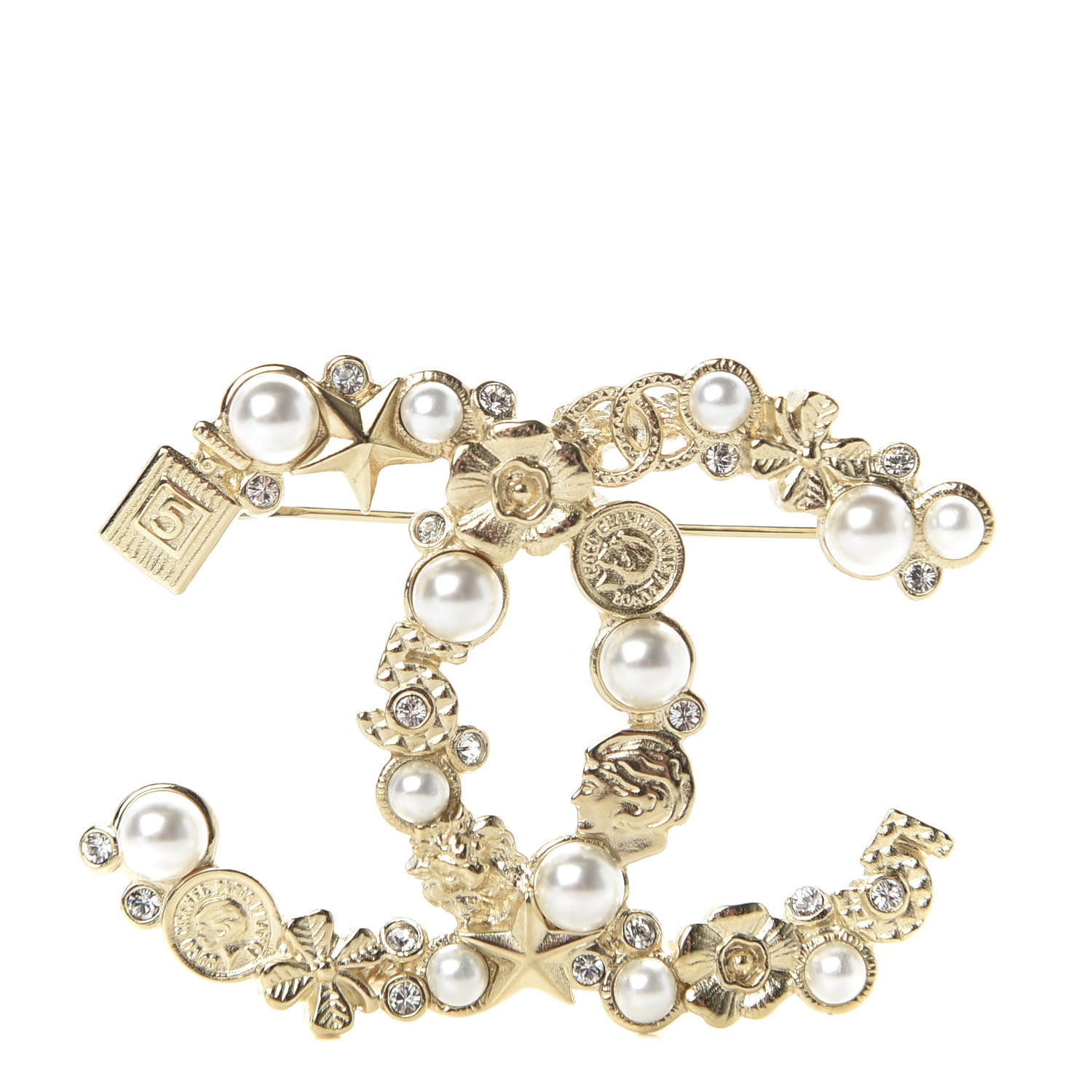Chanel Crystal Pearl CC Charms Brooch Gold 1 of 4