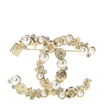 Chanel Crystal Pearl CC Charms Brooch Gold 1 of 4