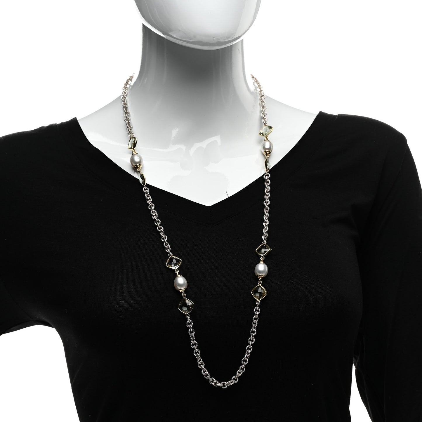 Sterling Silver 18K Yellow Gold Prasiolite Pearl Figaro Chain Necklace
