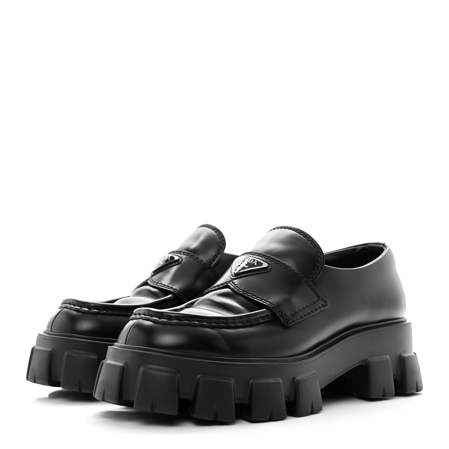 Prada Spazzolato Rois Metal Triangle Logo Mens Monolith 60mm Loafers 6 Black 3 of 10