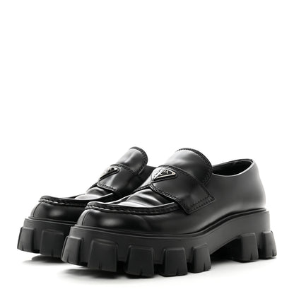 Prada Spazzolato Rois Metal Triangle Logo Mens Monolith 60mm Loafers 6 Black 3 of 10