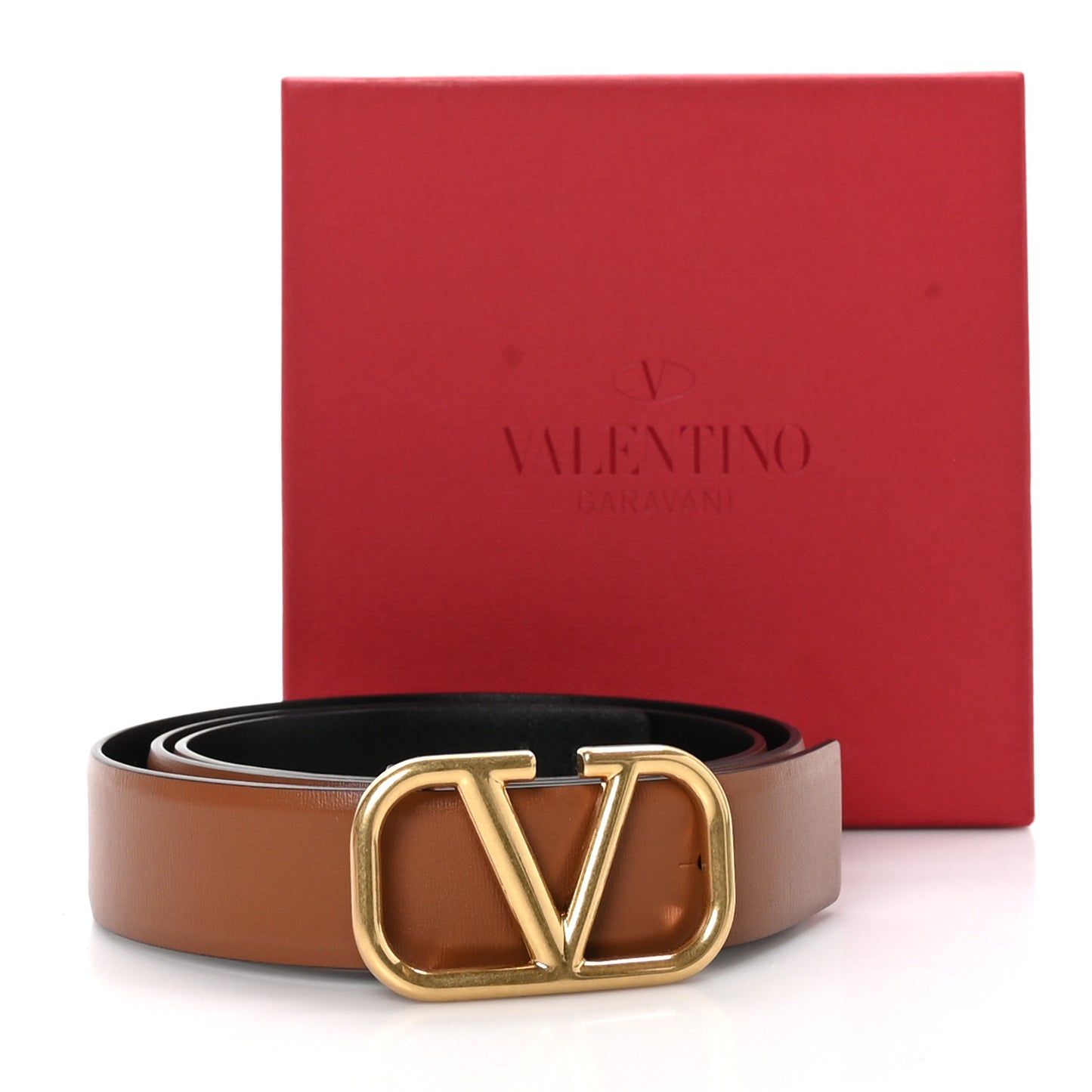 VALENTINO GARAVANI Glossy Calfskin VLogo Reversible 30mm Belt 85 34 Saddle Brown Black
