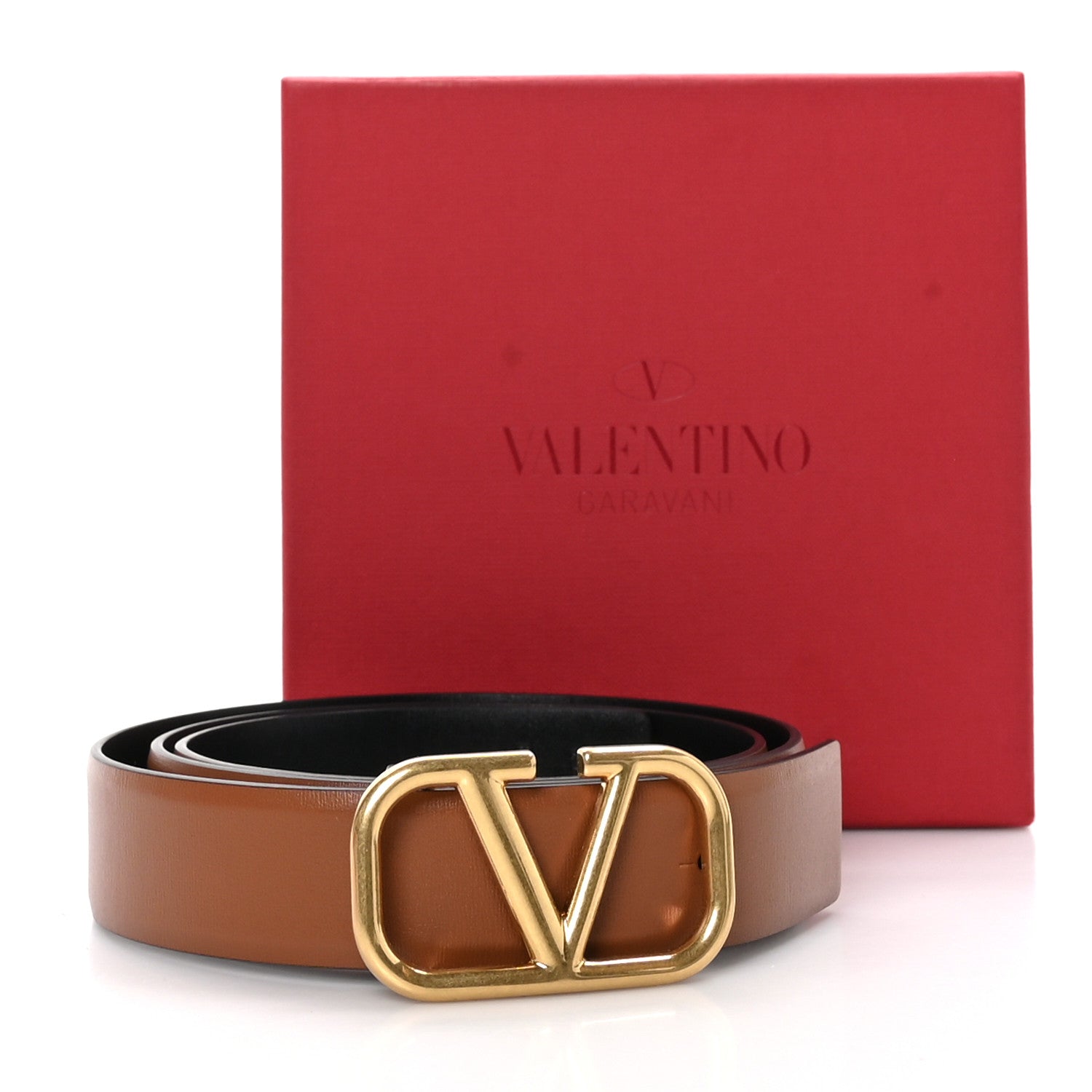 Valentino Garavani VALENTINO GARAVANI Glossy Calfskin VLogo Reversible 30mm Belt 85 34 Saddle Brown Black 6 of 6