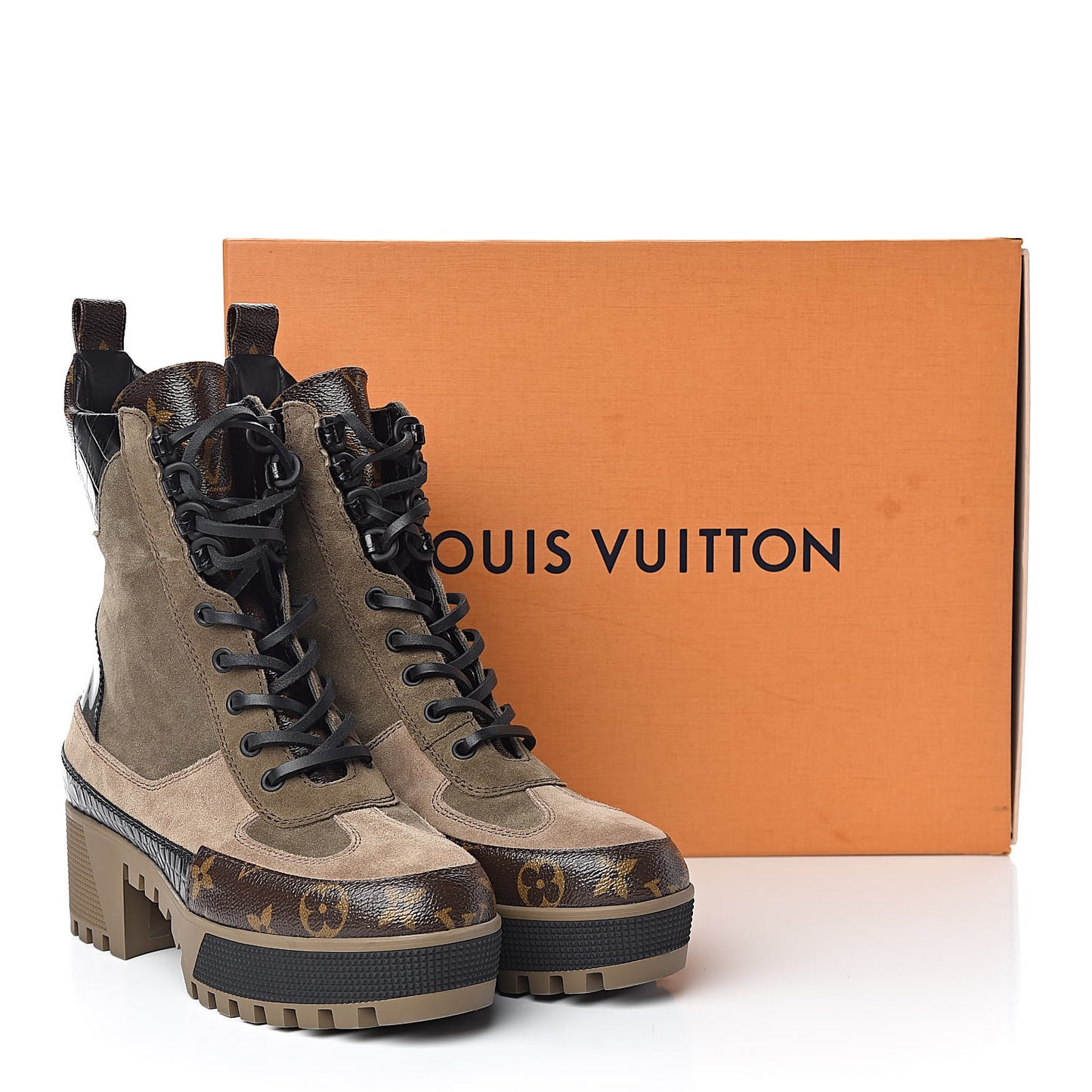 Suede Calfskin Monogram Laureate Platform Desert Boots 36.5 Taupe