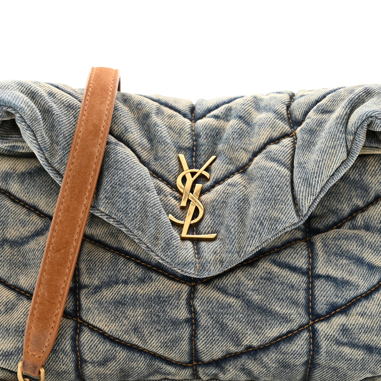 SAINT LAURENT Denim Quilted Toy Loulou Puffer Monogram Chain Satchel Blue Cinnamon