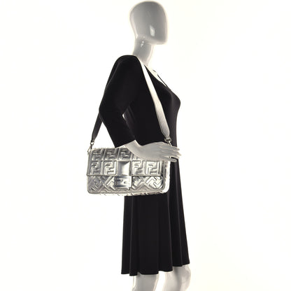 Fendi Vitello Catalan Mirror FF 1974 Embossed Large Baguette Argento 2 of 15