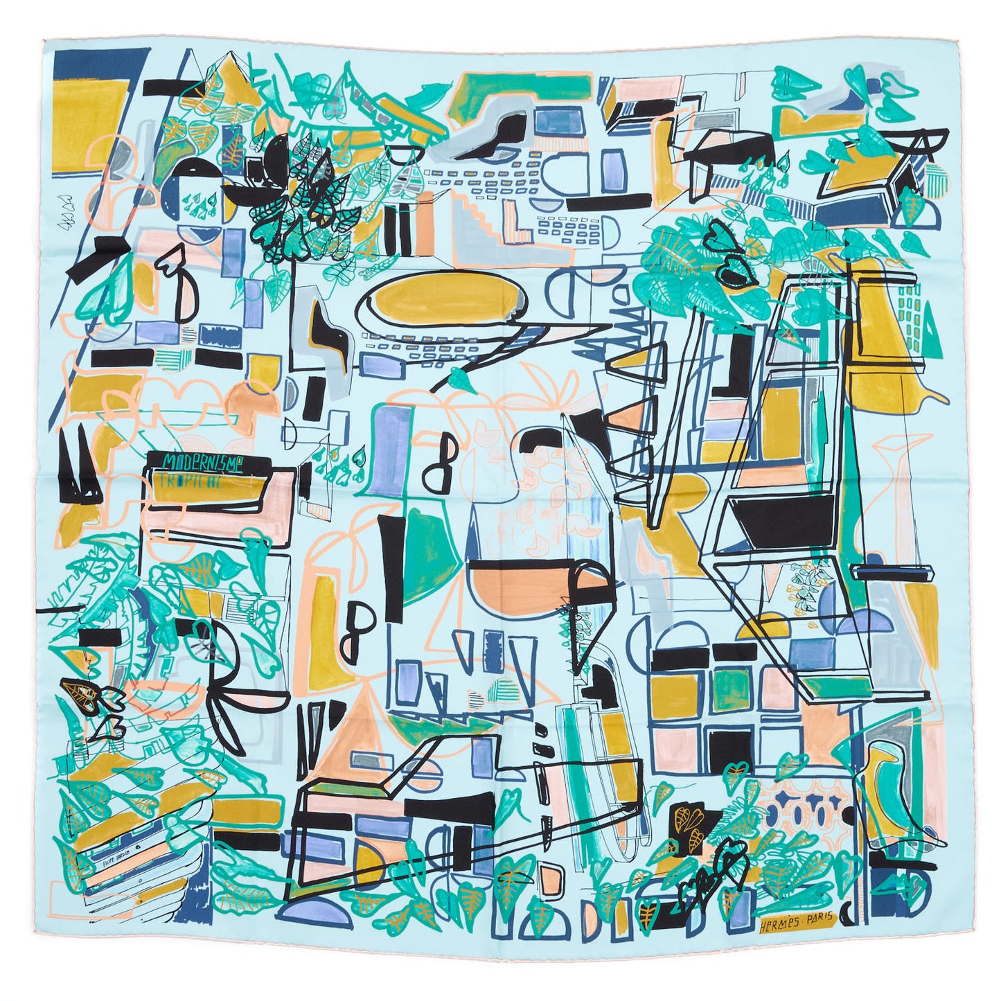 Silk Modernisme Tropical Scarf 90 Aqua Vert Ocre