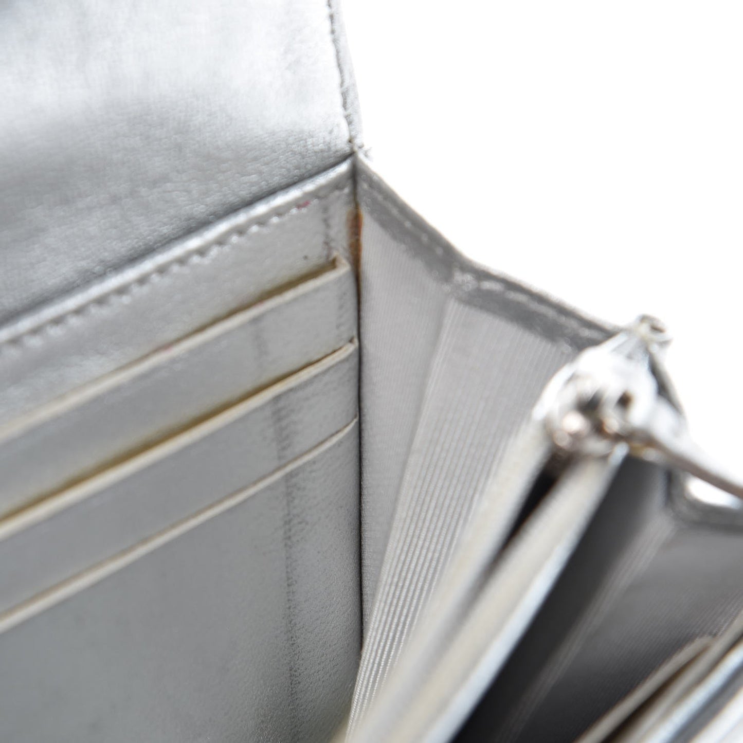 Metallic Lambskin Quilted Large Gusset Flap Wallet Silver
