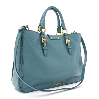 Miu Miu Goatskin Madras Shopping Tote Azzurro 3 of 17