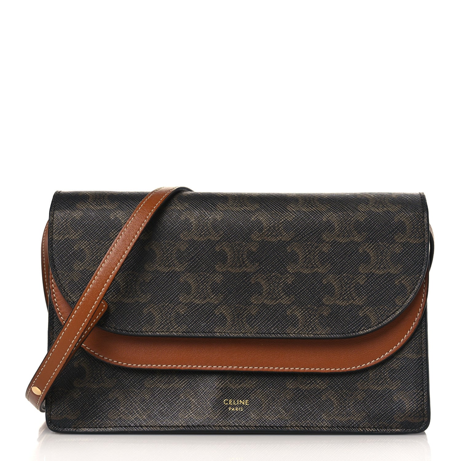 Celine Triomphe Canvas Lambskin Wallet On Strap Tan 1 of 11