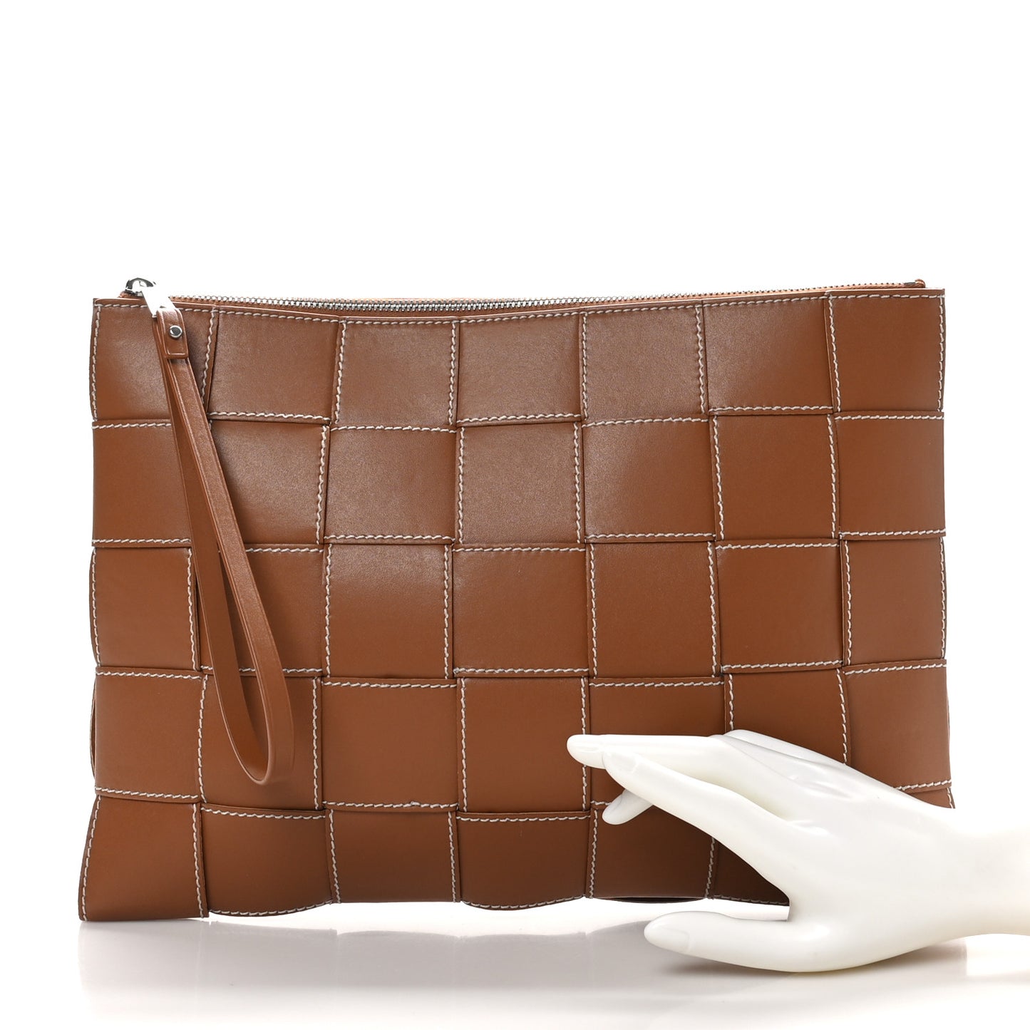 Calfskin Maxi Intreccio Large Cassette Flat Zip Pouch Wood Natural