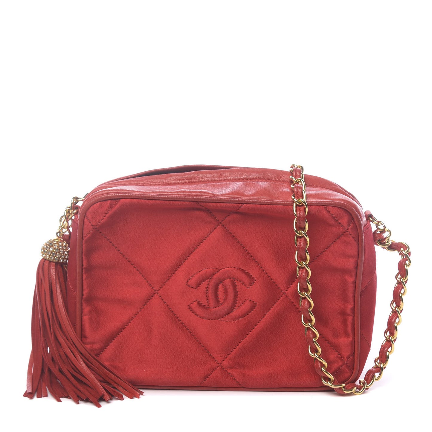 Satin Quilted CC Tassel Camera Case Red