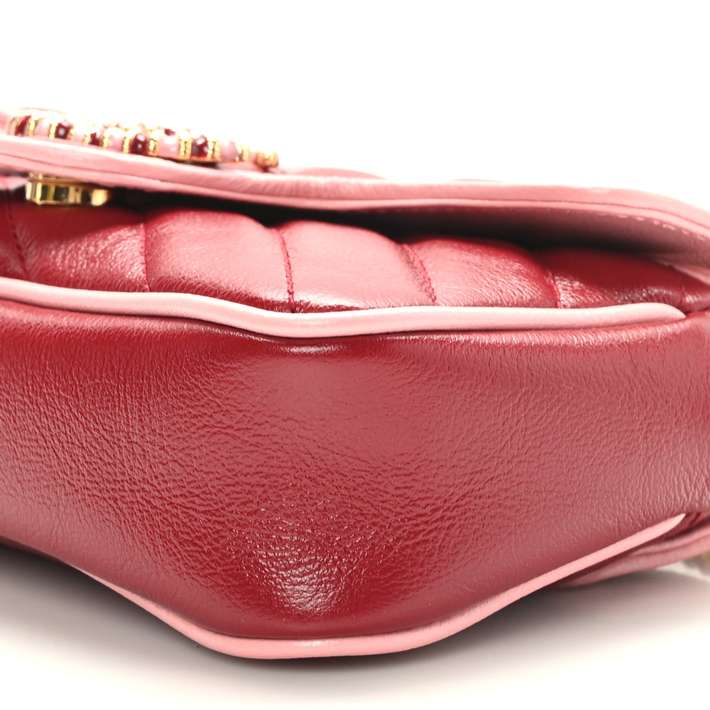 Azalea Calfskin Enamel Matelasse Diagonal Super Mini Torchon GG Marmont Shoulder Bag New Cherry Red Wild Rose