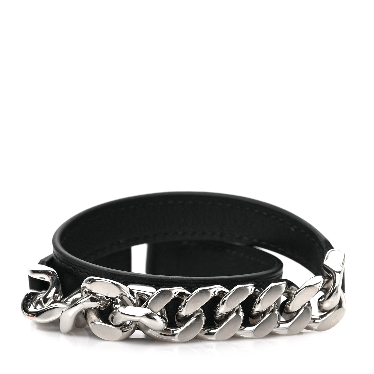 Hermes Tadelakt Palladium Mens Camden Double Tour Chain Bracelet Black 1 of 5