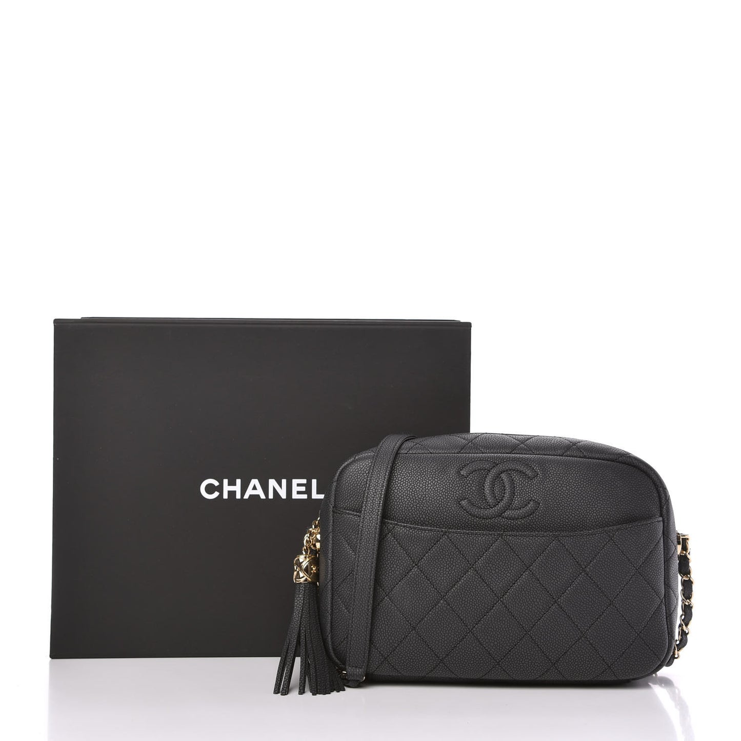 Caviar Quilted Medium Coco Tassel Camera Case Black