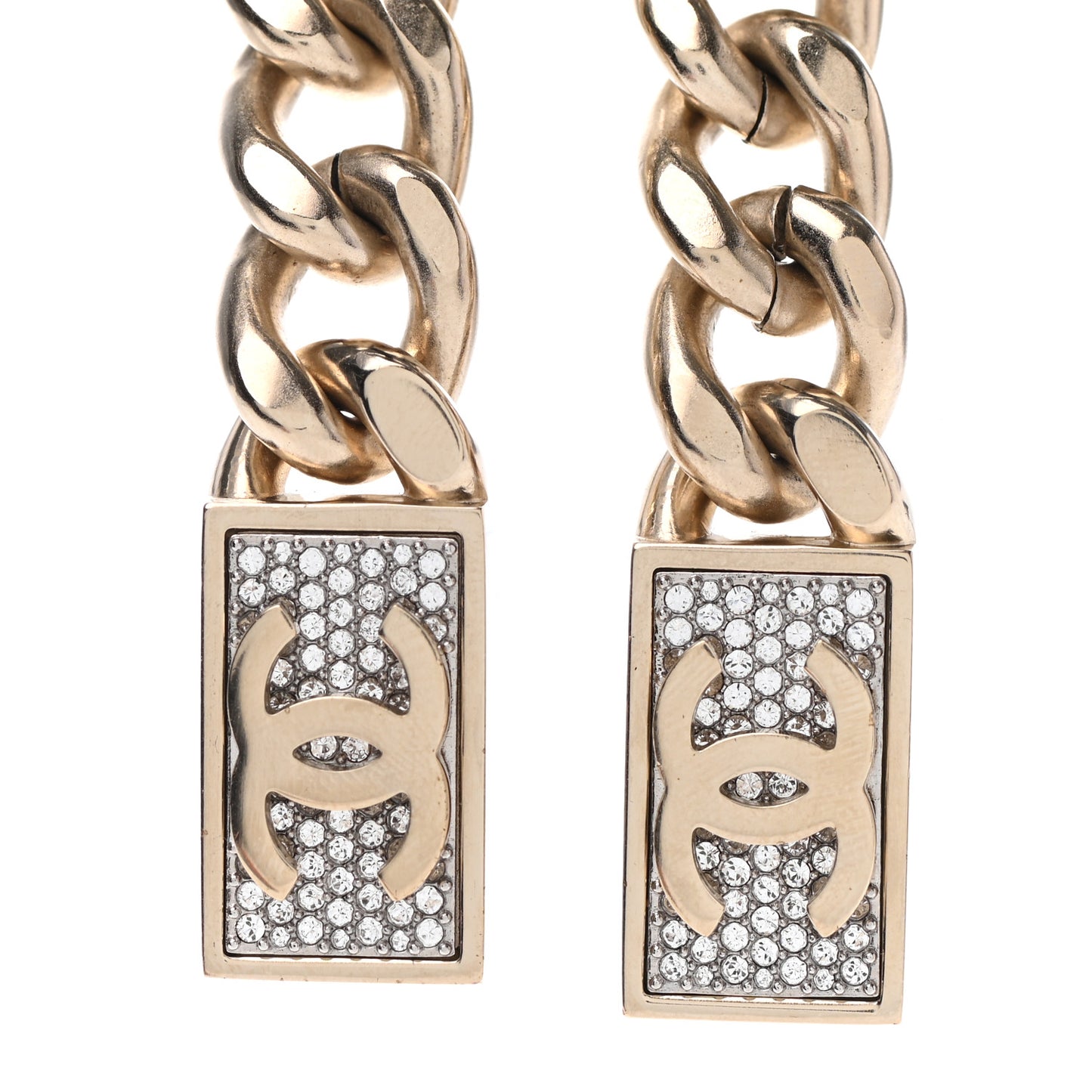 Chain Link Crystal CC Dog Tag Charm Necklace Gold