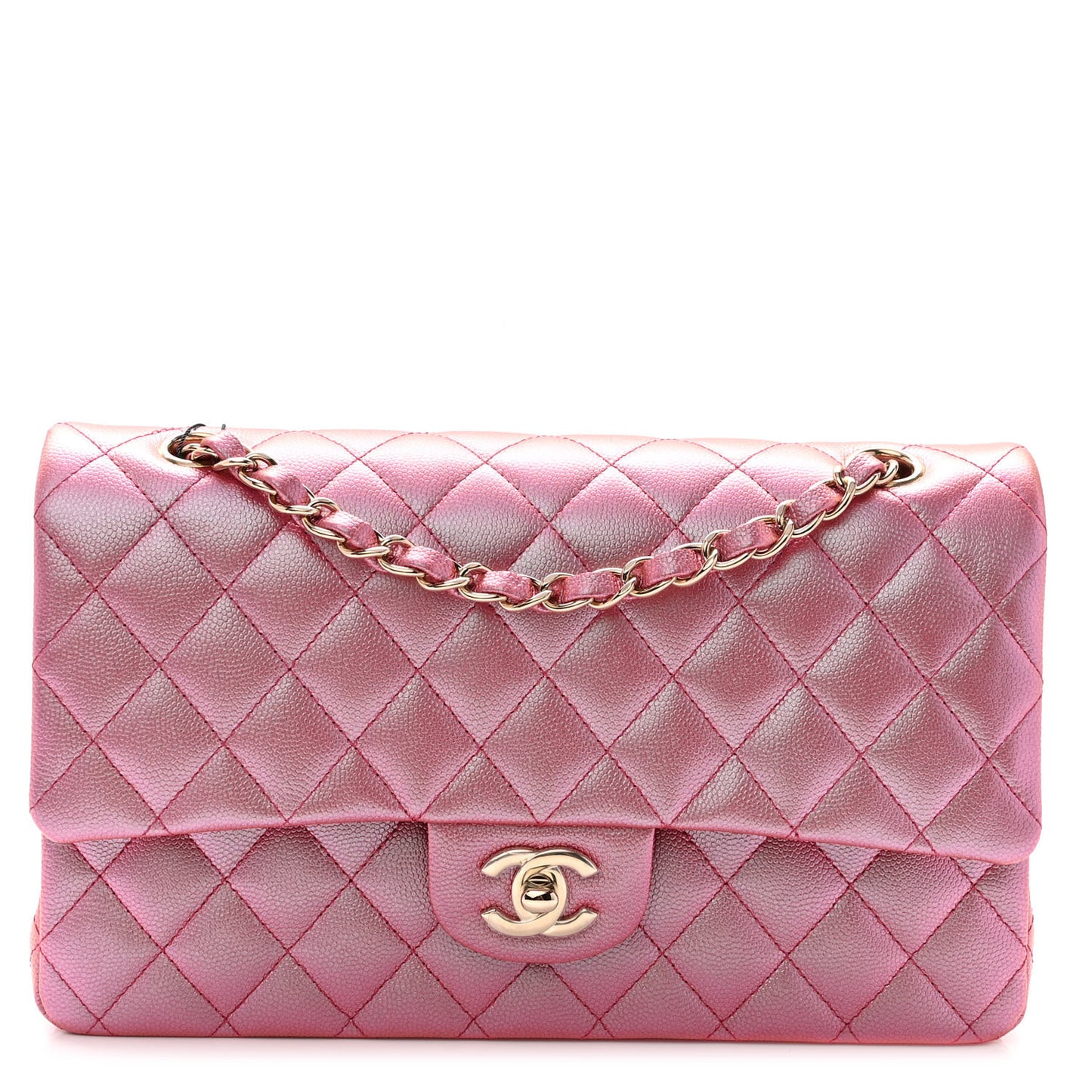 Iridescent Caviar Quilted Medium Double Flap Pink