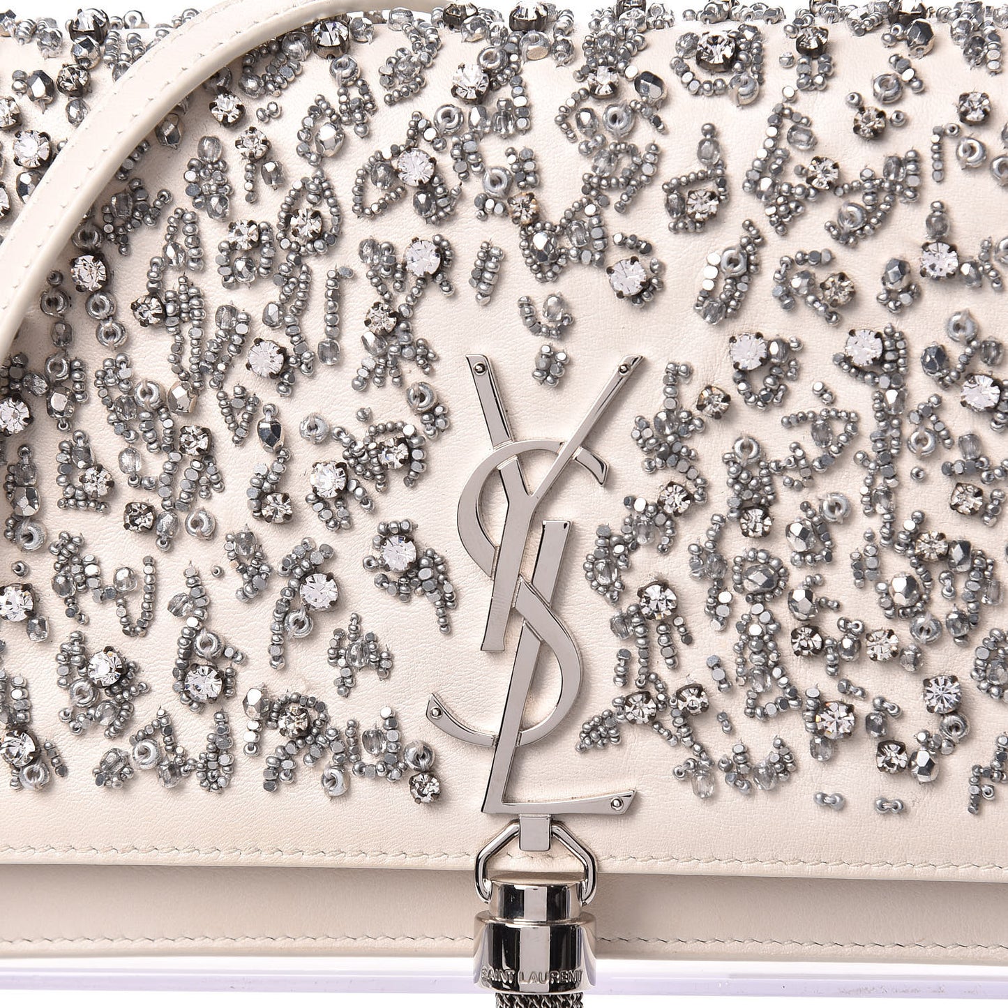 Calfskin Bead Embellished Kate Monogram Tassel Chain Wallet White