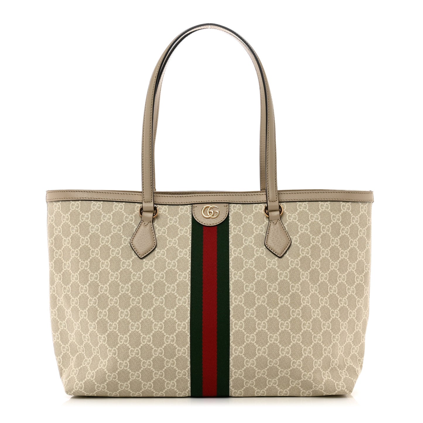 GG Supreme Monogram Textured Dollar Calfskin Web Medium Ophidia Shopping Tote Beige Mystic White Oatmeal