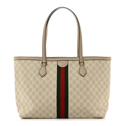 Gucci GG Supreme Monogram Textured Dollar Calfskin Web Medium Ophidia Shopping Tote Beige Mystic White Oatmeal 1 of 9