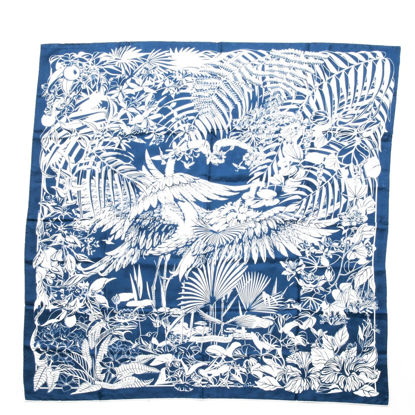 Silk Tatouage Flamingo Party Scarf 90 Bleu Blanc