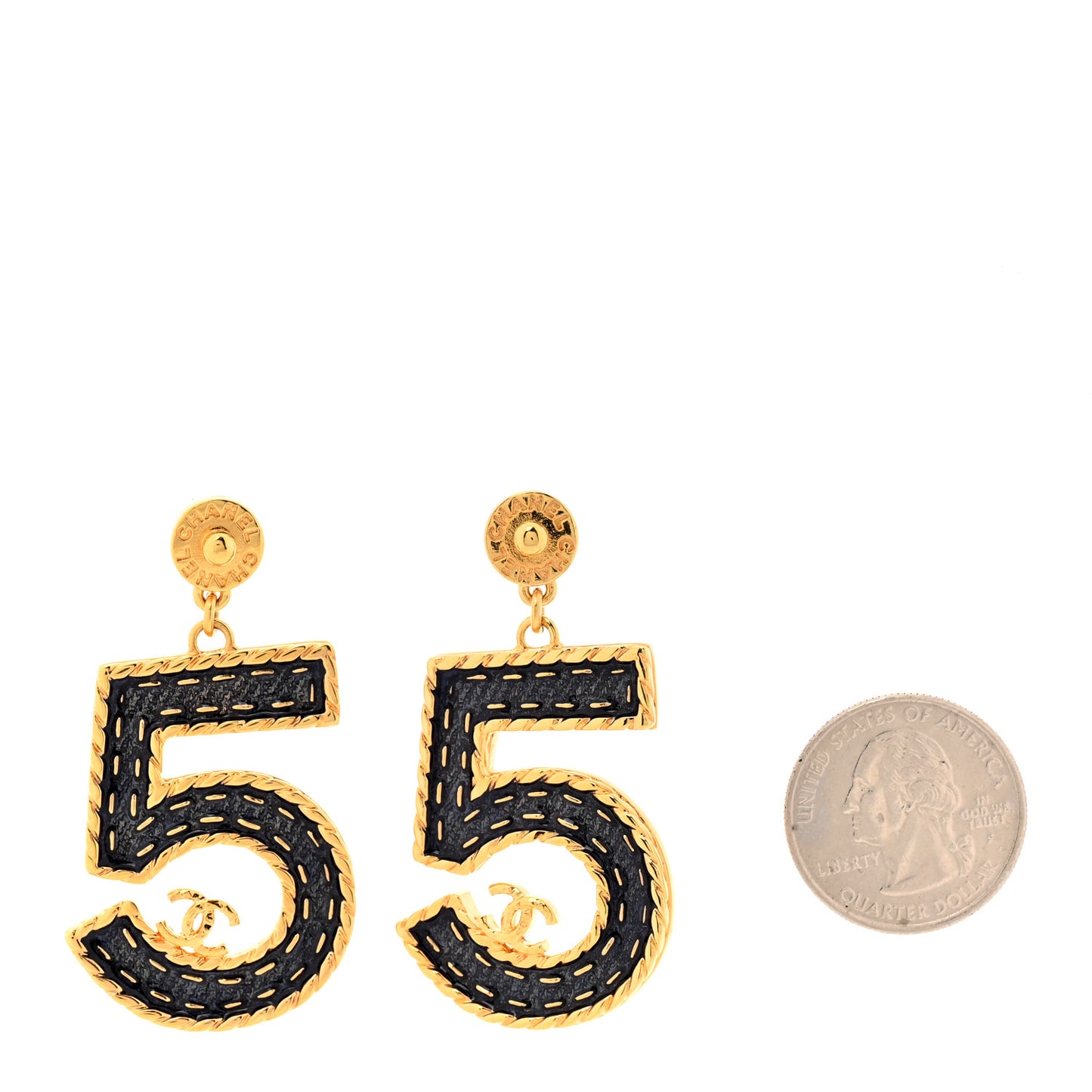 Metal Enamel CC No 5 Rope Drop Earrings Gold Denim Blue