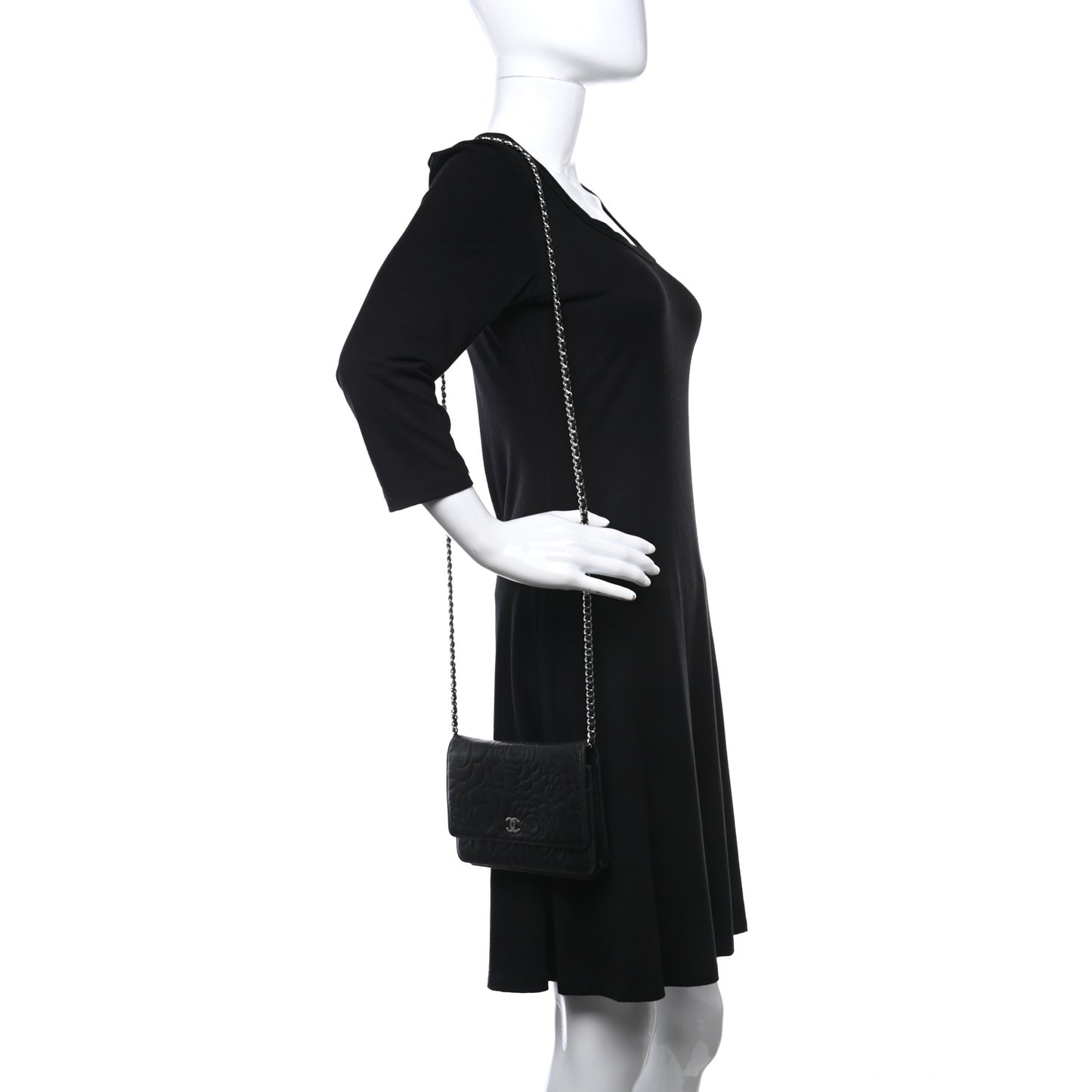 Lambskin Camellia Embossed Wallet on Chain WOC Black