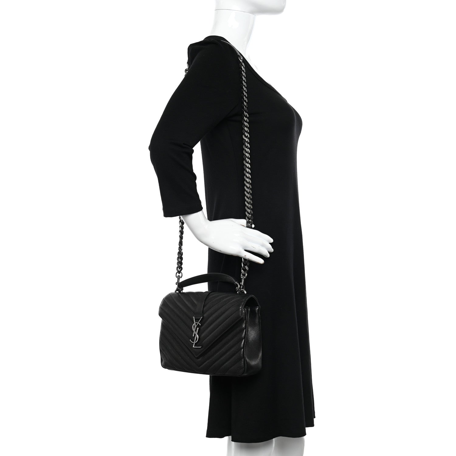 Saint Laurent Sheepskin Matelasse Chevron Monogram Medium College Bag Black 2 of 11