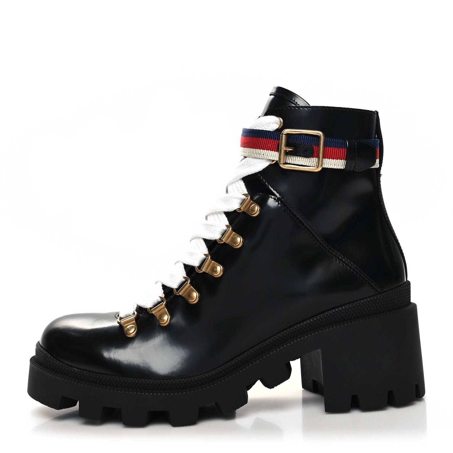 Gucci Calfskin Sylvie Web Lace Up Combat Boots 38 Black 1 of 8