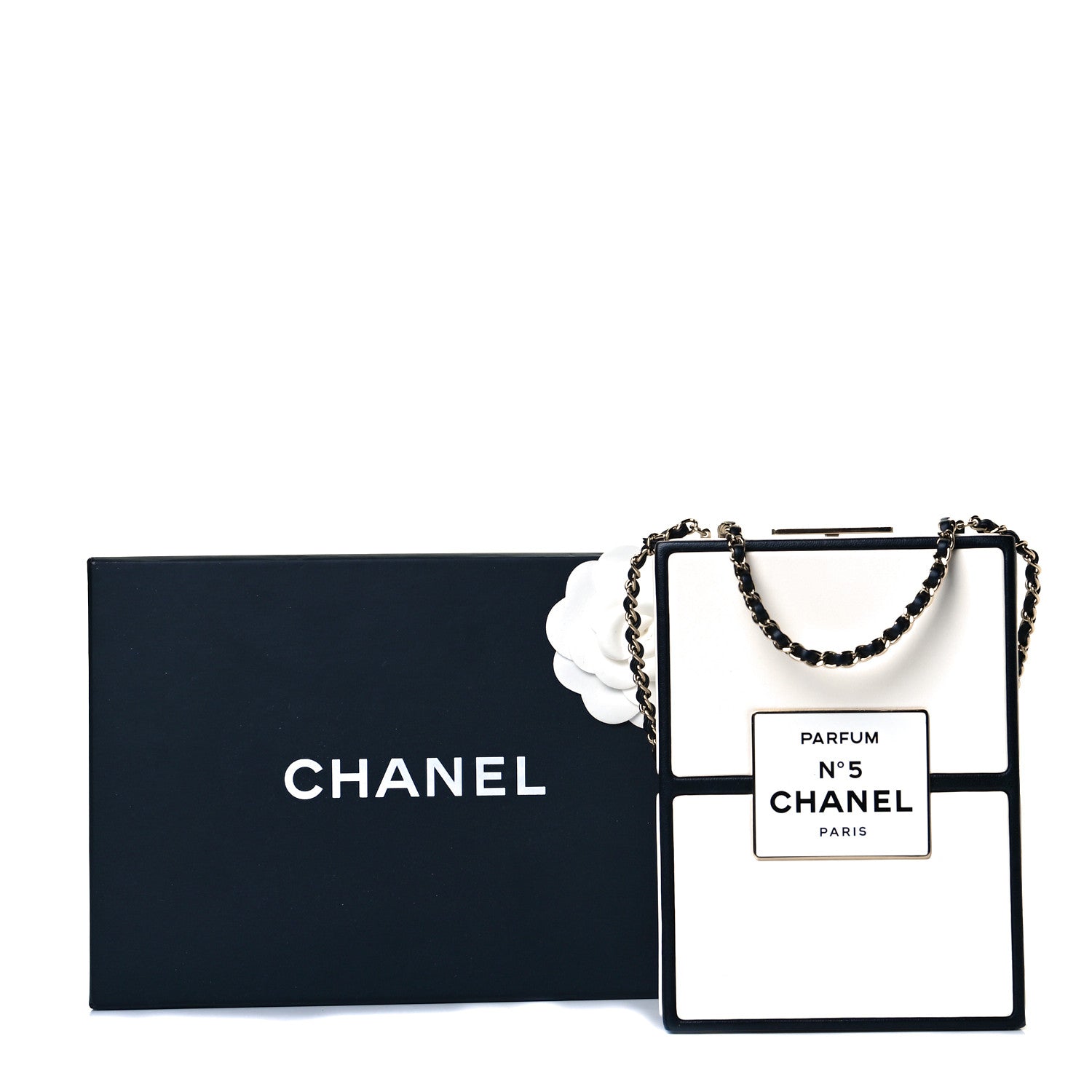 Chanel Lambskin No. 5 Perfume Box Evening Clutch White Black