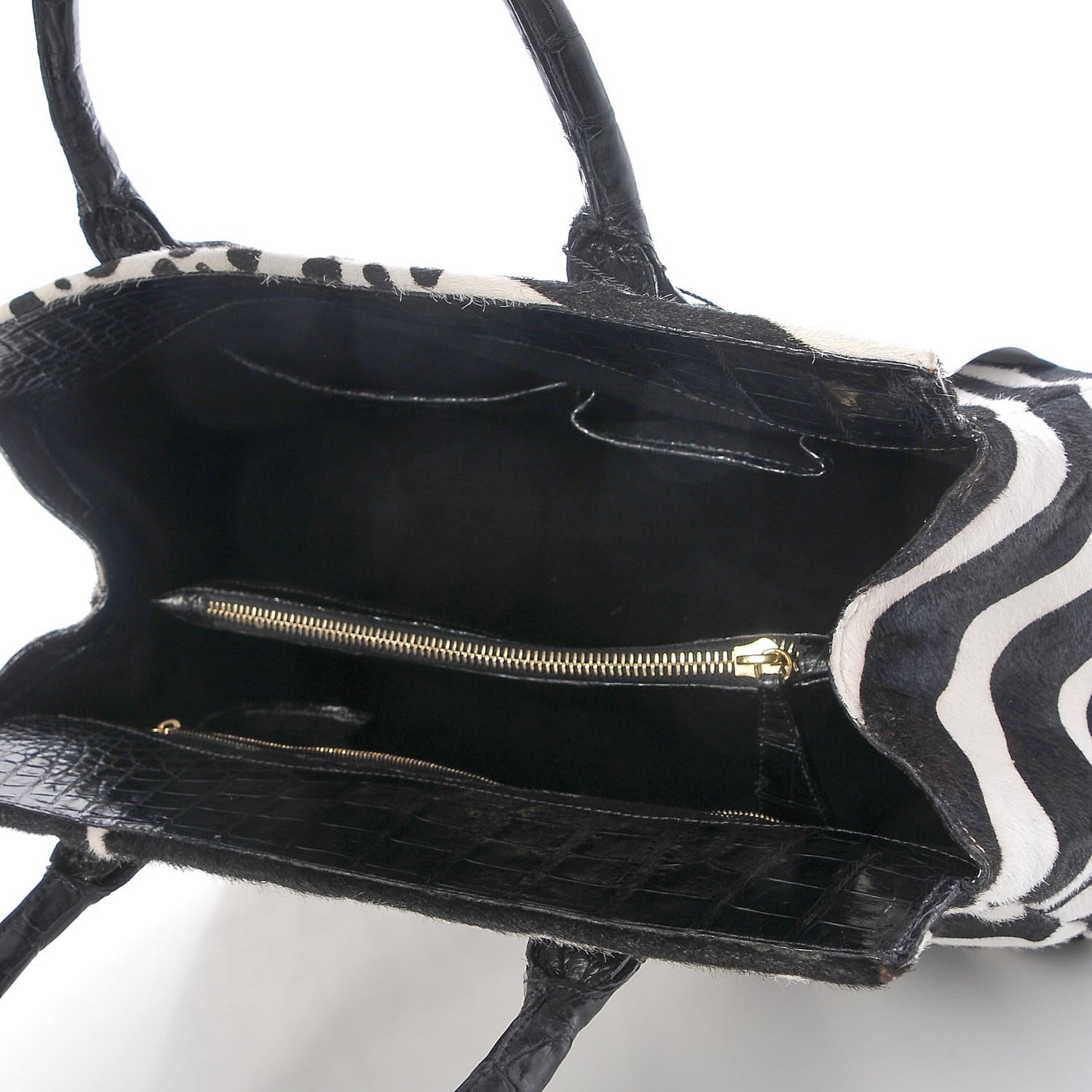 Calf Hair Crocodile Loop Satchel Black White